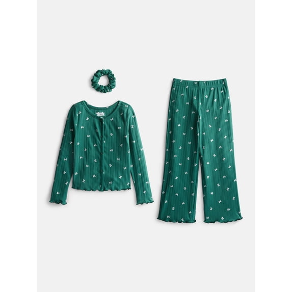 Wonder Nation Girls' Top, Pants and Hair Scrunchie Pajama Set, 3-Piece, Sizes 4-18
