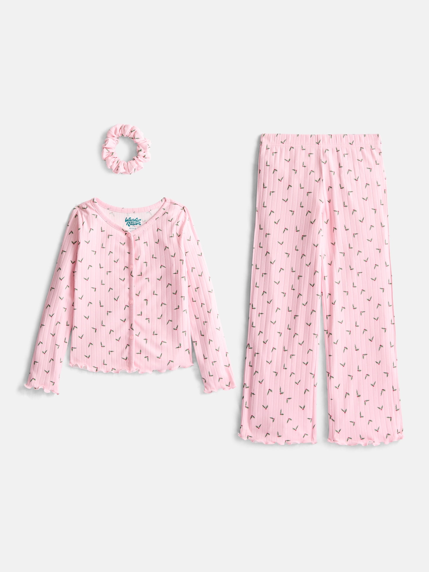 Wonder Nation Girls' Top, Pants and Hair Scrunchie Pajama Set, 3-Piece, Sizes 4-18