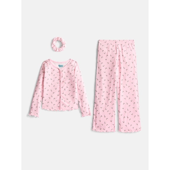 Wonder Nation Girls' Top, Pants and Hair Scrunchie Pajama Set, 3-Piece, Sizes 4-18