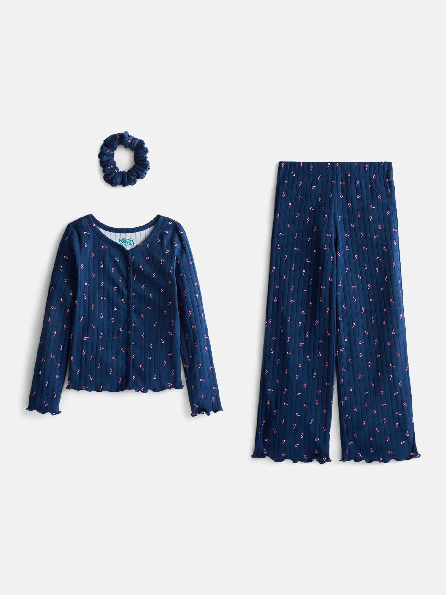 Wonder Nation Girls' Top, Pants and Hair Scrunchie Pajama Set, 3-Piece, Sizes 4-18