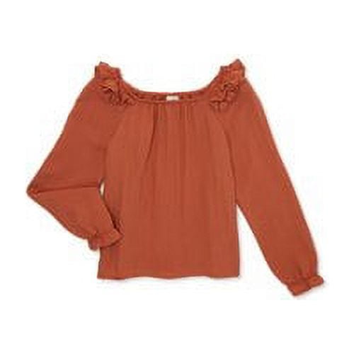 Wonder Nation by Wonder Nation Girls Ruffle Shoulder Long Sleeve Blouse ...