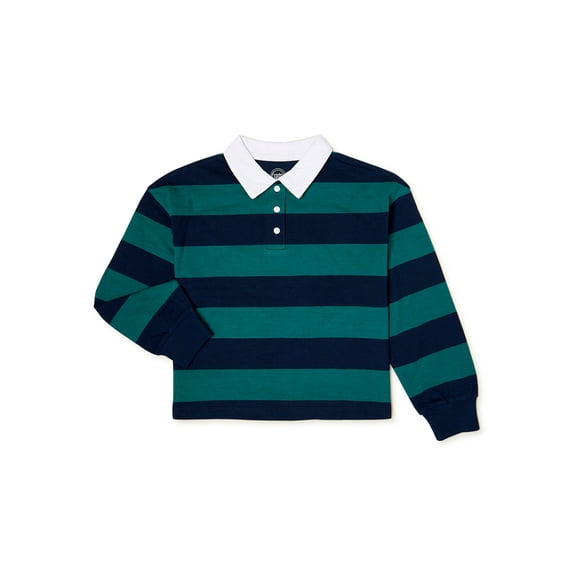 Wonder Nation Girls Long Sleeve Rugby Polo Top, Sizes 4-18 & Plus