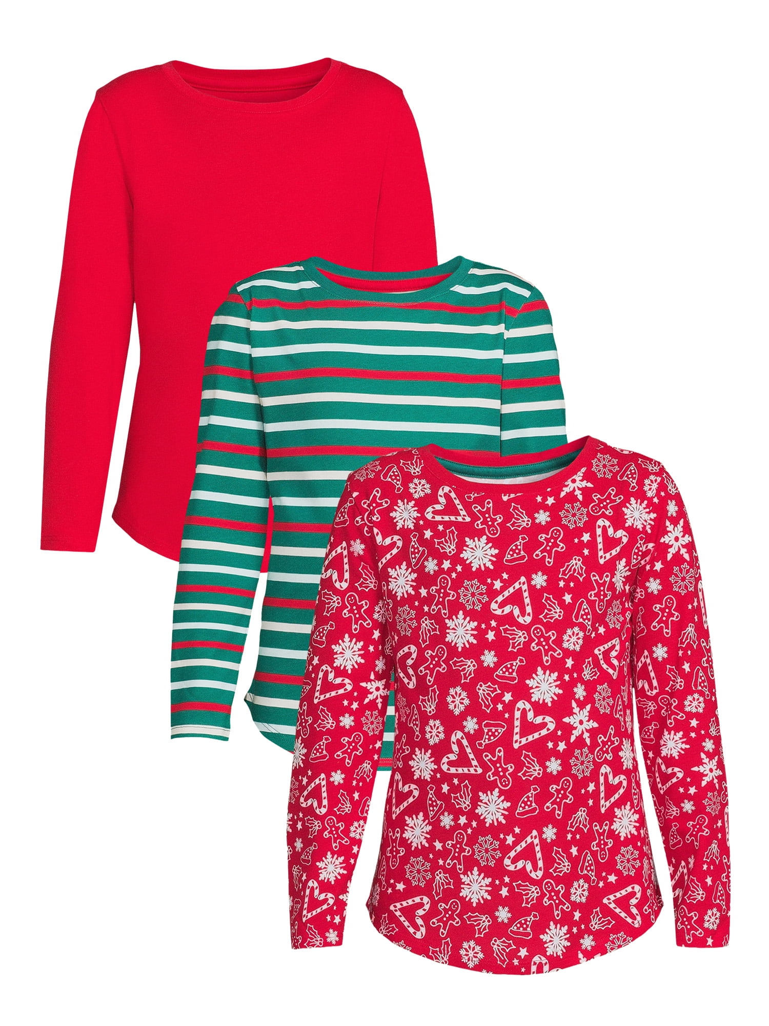 Wonder Nation Girls Long Sleeve Solid, Print, Graphic Tees, 3-Pack, Sizes 4-18 & Plus