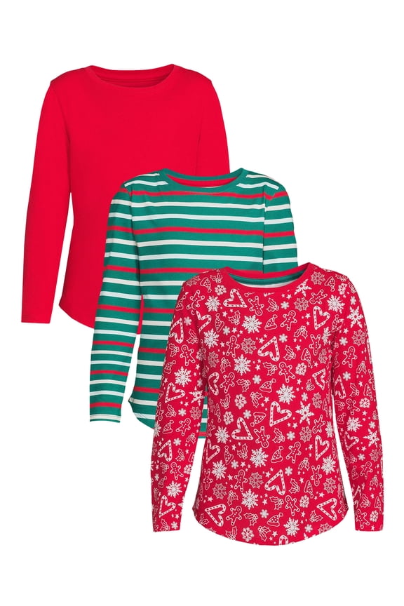 Girls Long Sleeve Solid, Print, Graphic Tees, 3-Pack, Sizes 4-18 & Plus