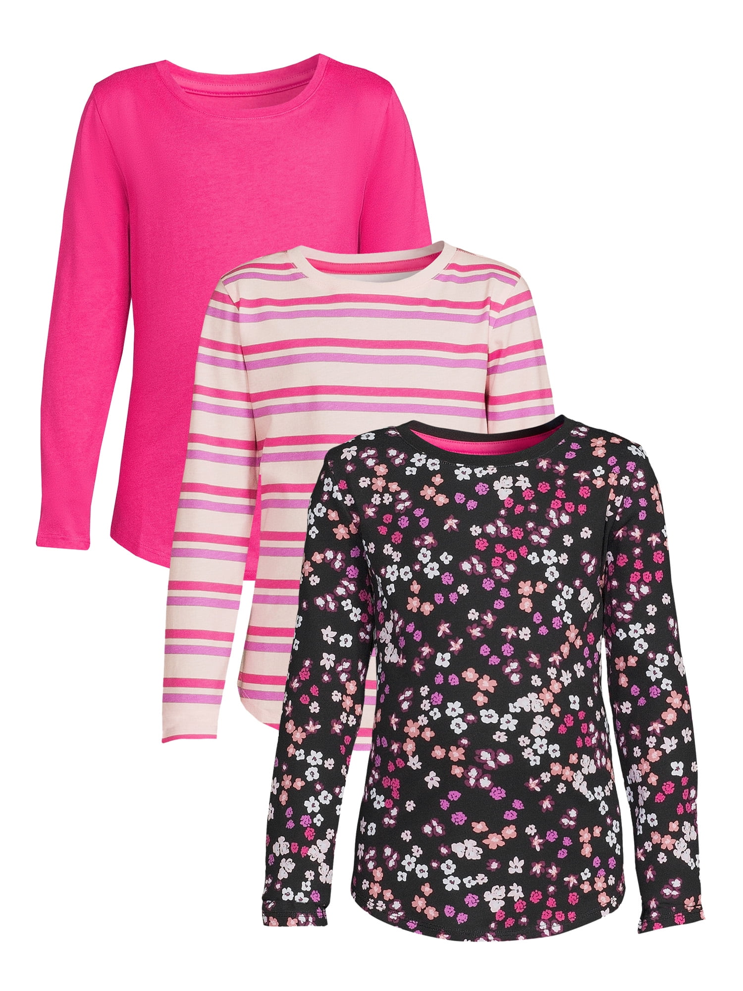 Wonder Nation Girls Kid Tough Tee with Long Sleeves 3 Pack Sizes 4 18 Plus Walmart