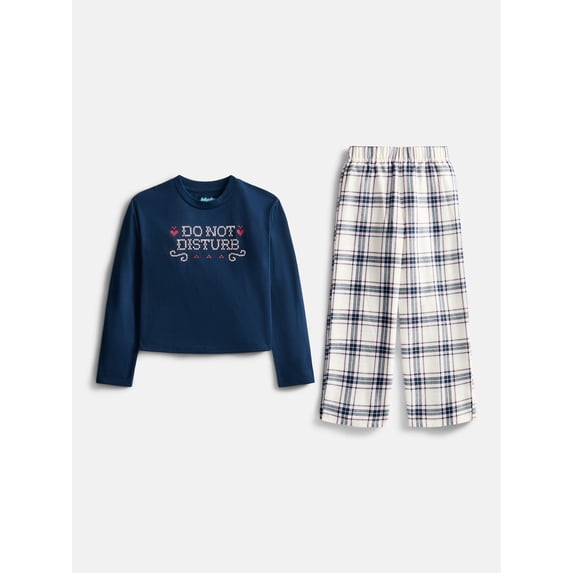 Wonder Nation Girls Long Sleeve Top and Flannel Pants, 2-Piece Pajama Set, Sizes 4-18