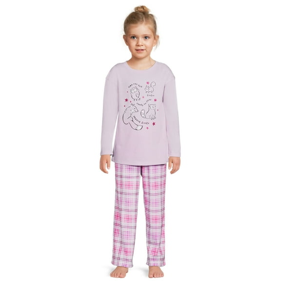 Wonder Nation Girls Long Sleeve Top and Jersey Pants with Knit Flannel, 2-Piece Pajama Sleep Set, Sizes 4-18 & Plus
