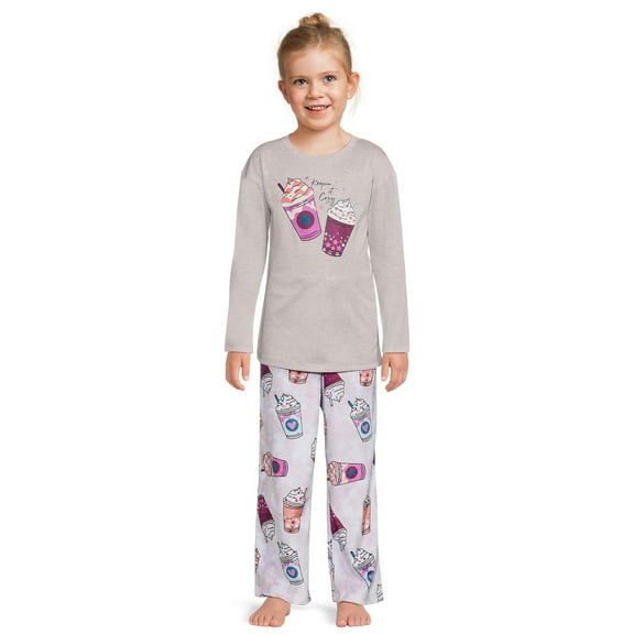 Wonder Nation Girls Long Sleeve Top and Jersey Pants with Knit Flannel, 2-Piece Pajama Sleep Set, Sizes 4-18 & Plus