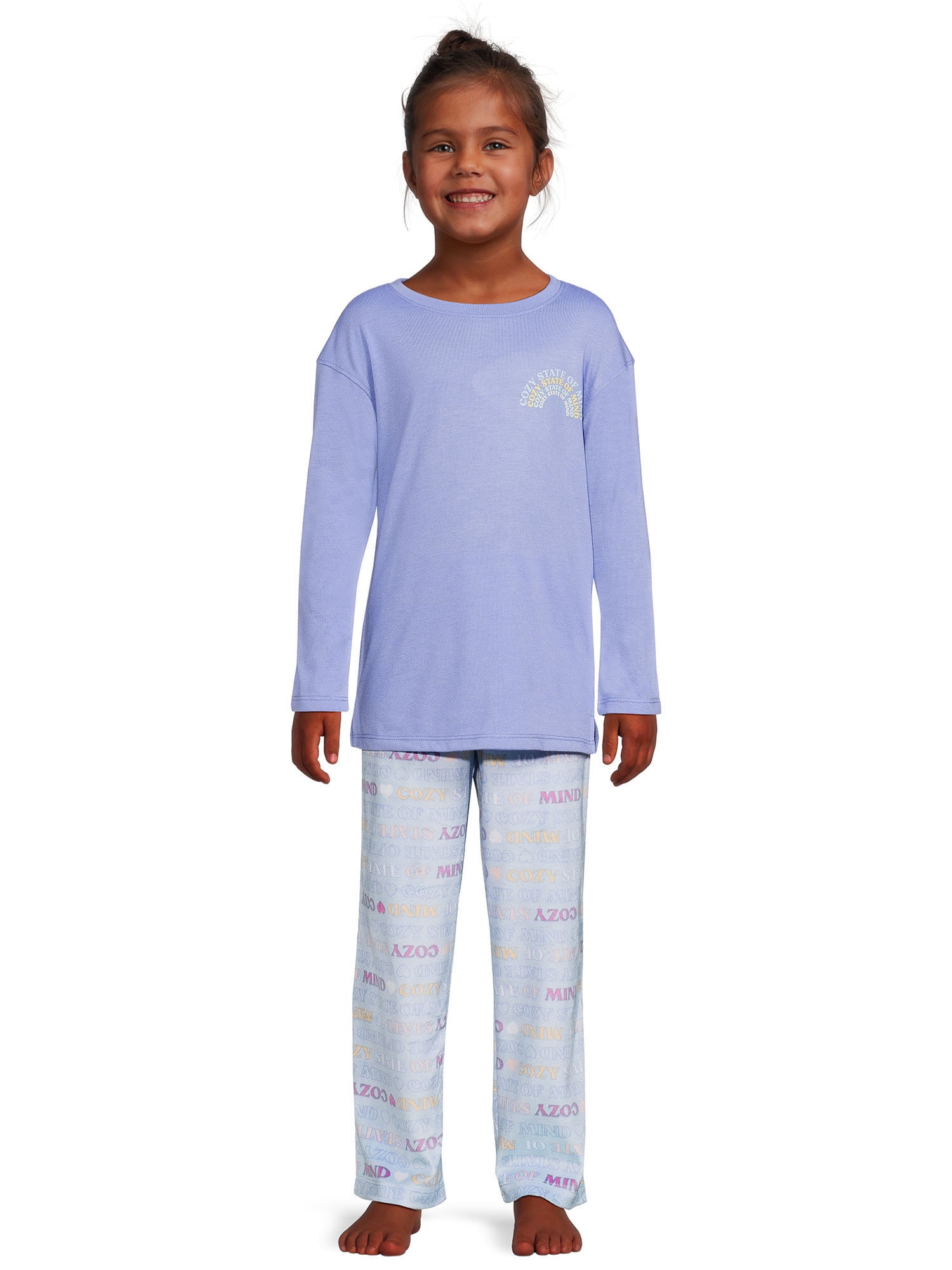Wonder Nation Girls Long Sleeve Top and Jersey Pants with Knit Flannel,  2-Piece Pajama Sleep Set, Sizes 4-18 & Plus 