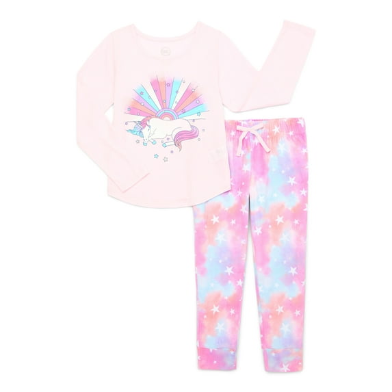 Wonder Nation Girls Long Sleeve Top with Jogger Pants, 2-Piece Pajama Sleep Set, Sizes 4-16 Plus