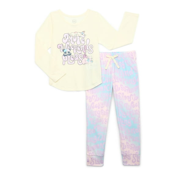 Wonder Nation Girls Long Sleeve Top with Jogger Pants, 2-Piece Pajama Sleep Set, Sizes 4-16 Plus