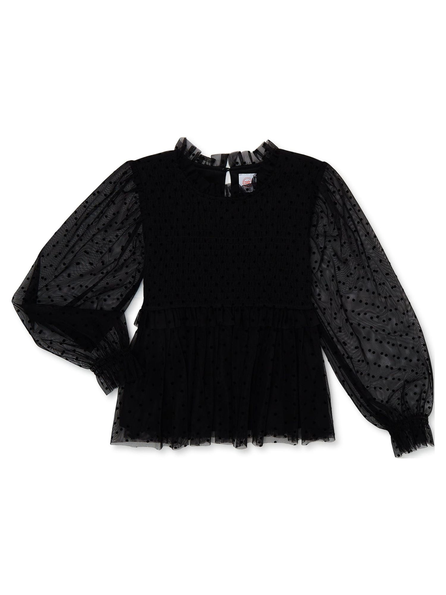 Wonder Nation Girls Long Sleeve Tulle Polka Dot Top, Sizes 418 & Plus