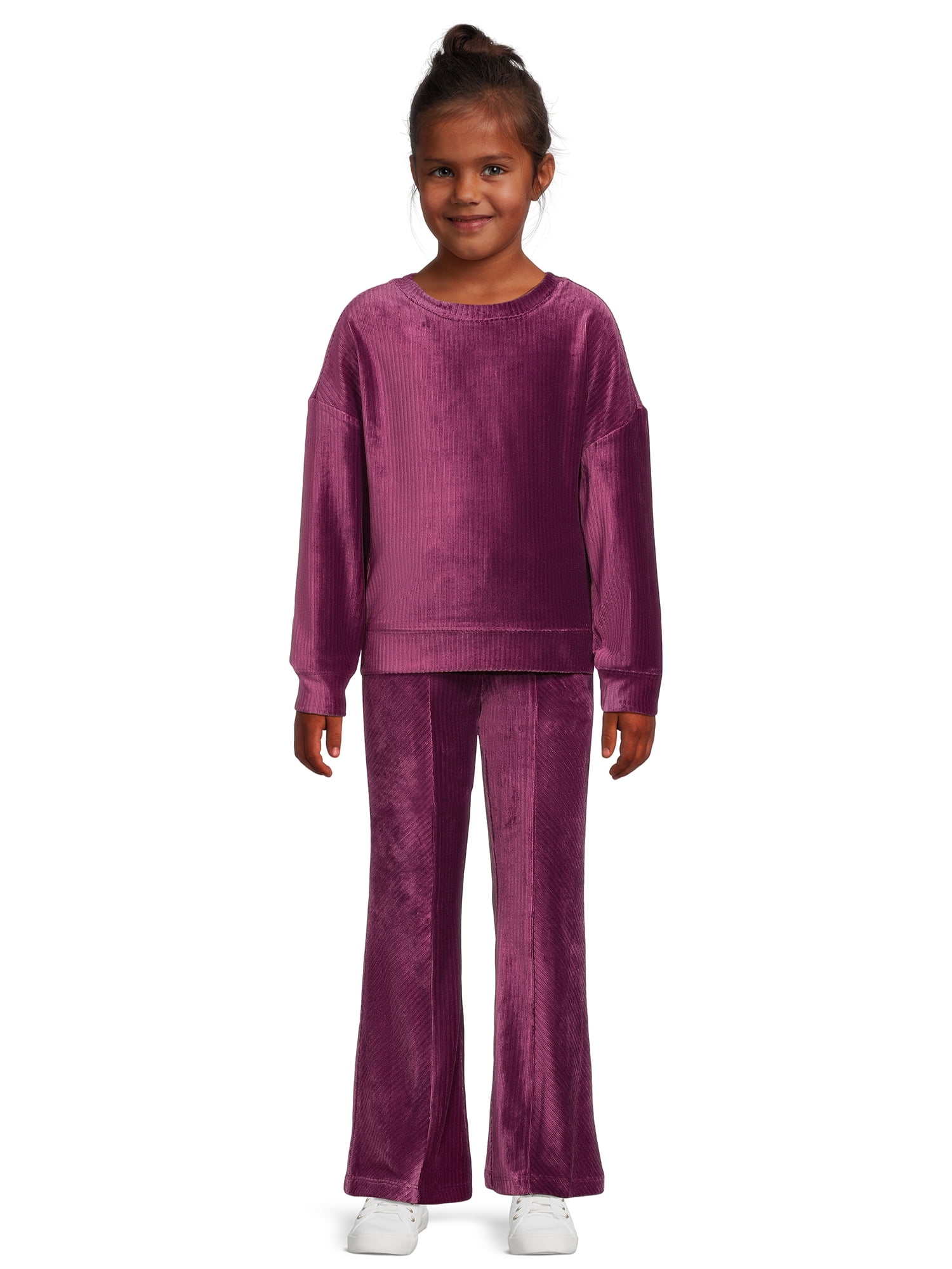 Wonder Nation Girls Long Sleeve Velour Pullover and Flare Pants Outfit,  2-Piece Set, Sizes 4-18 & Plus 