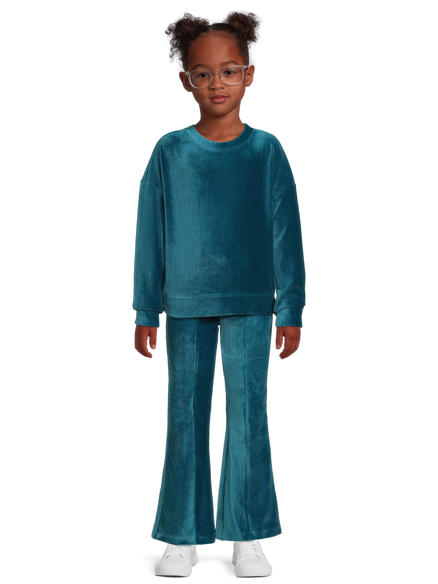 Wonder Nation Girls Long Sleeve Velour Pullover and Flare Pants Outfit 2 Piece Set Sizes 4 18 Plus Walmart
