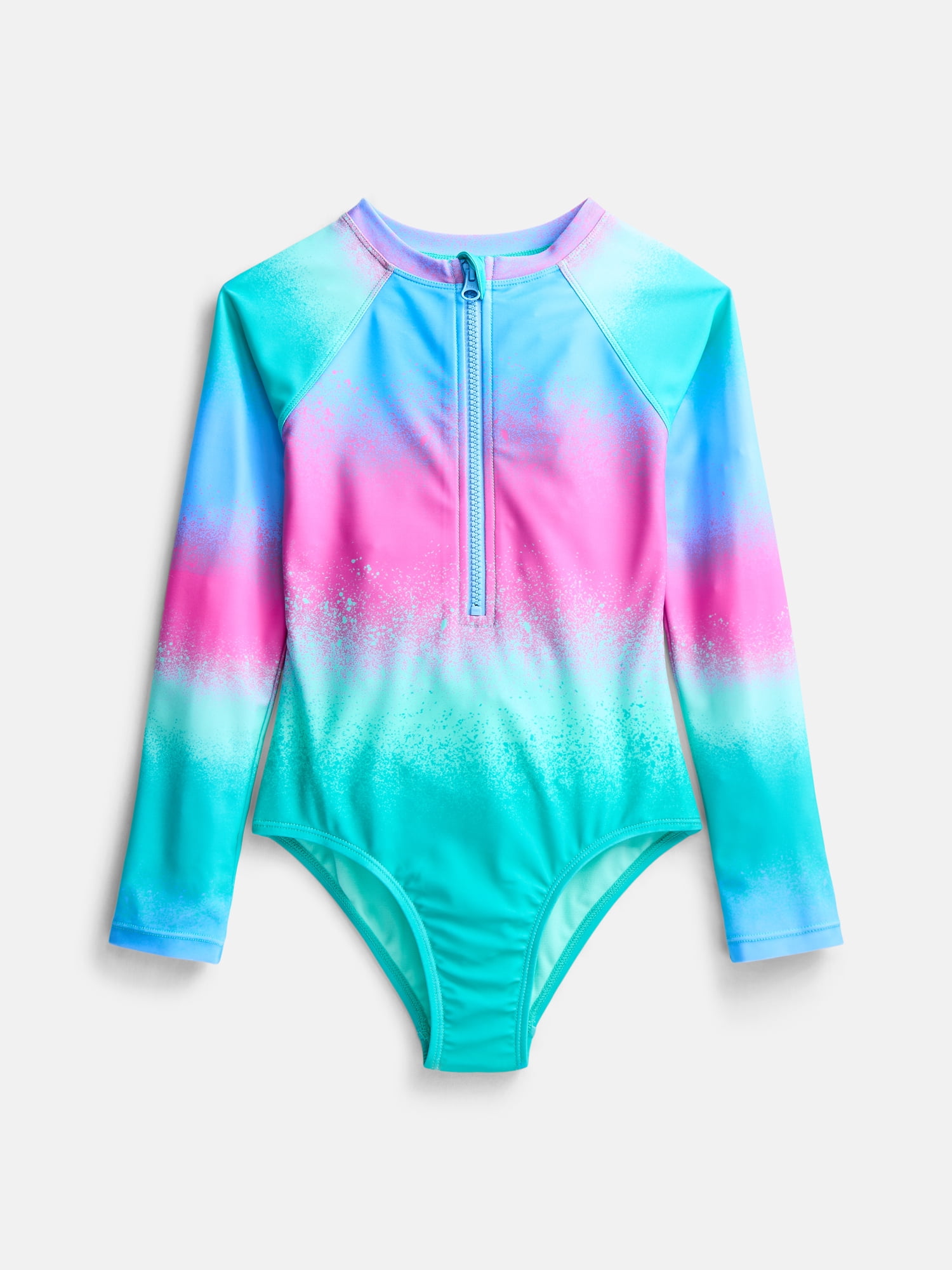 Wonder Nation Girls Zip Rash Guard Swimsuit with Long Sleeves, Sizes 4-16