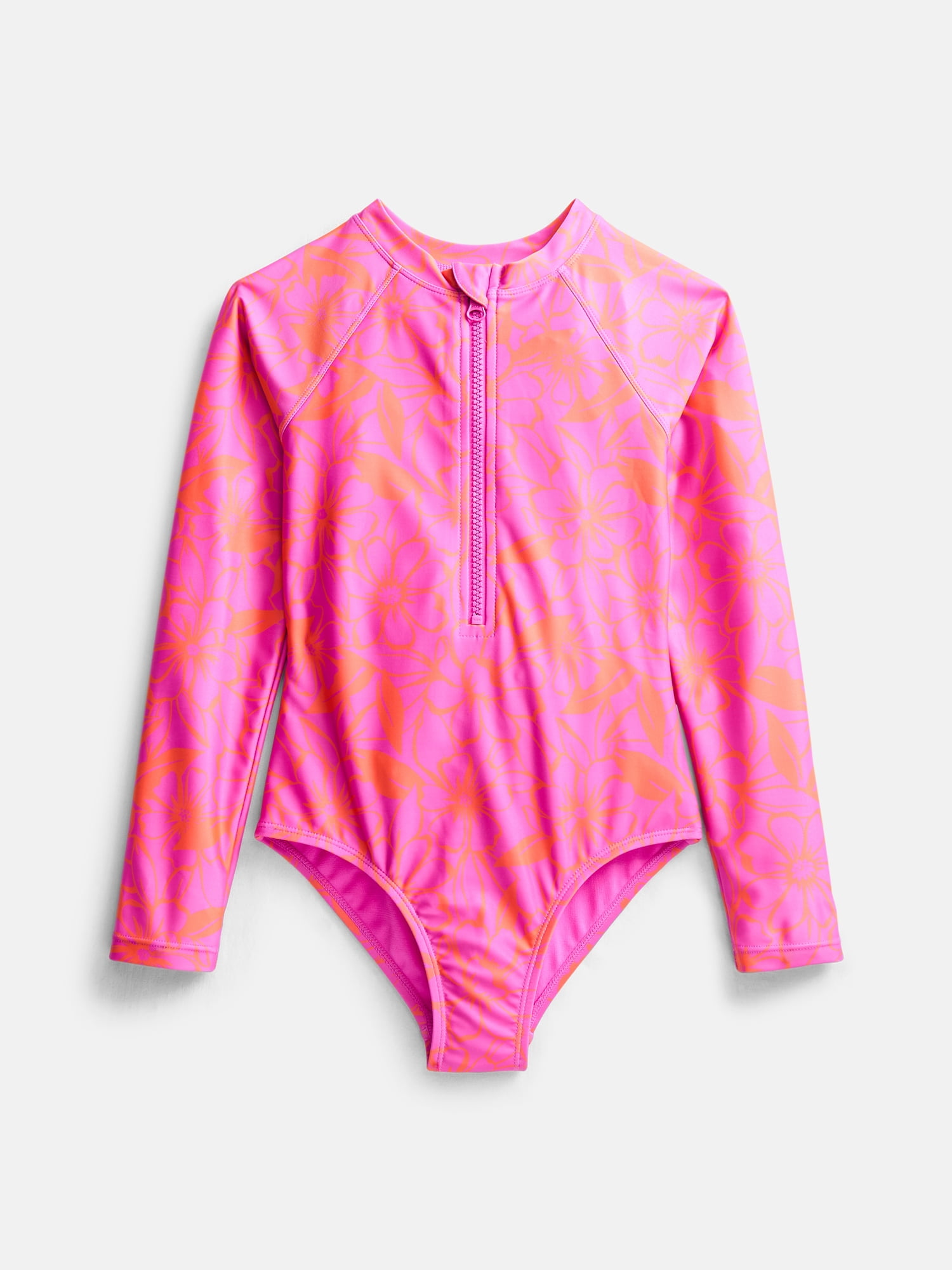 Wonder Nation Girls Zip Rash Guard Swimsuit with Long Sleeves, Sizes 4-16