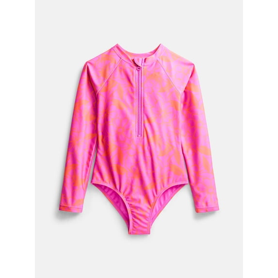 Wonder Nation Girls Zip Rash Guard Swimsuit with Long Sleeves, Sizes 4-16