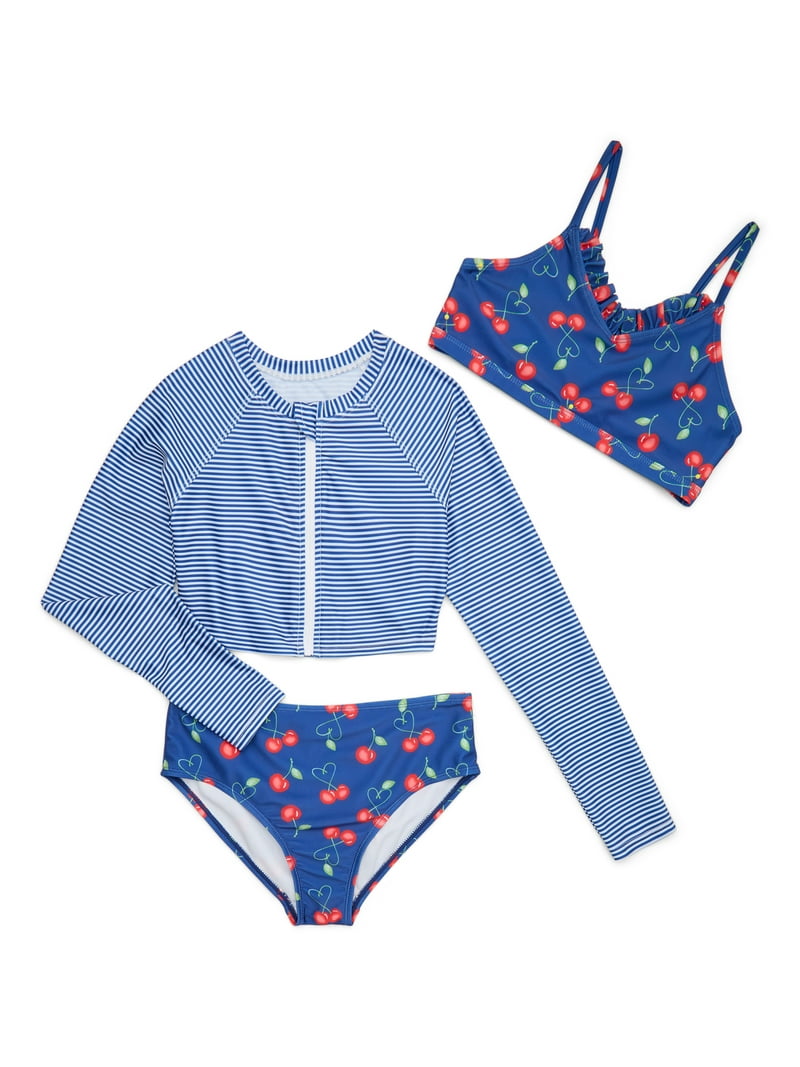Wonder Nation Girls Long Sleeve Zip-Up Crop Rash Guard with Bikini