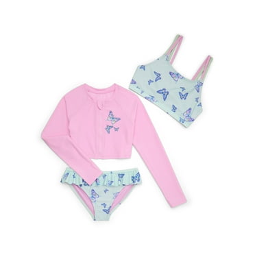 Wonder Nation Girls Long Sleeve Zip-Up Crop Rash Guard with Bikini Top and Bottom Swimsuit, 3-Piece Set, Sizes 4-18
