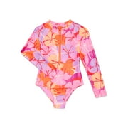 Girls Zip Up Rash Guard One Piece Swimsuit with Long Sleeves, Sizes 4-16