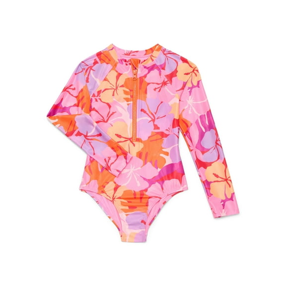Wonder Nation Girls Zip Up Rash Guard One Piece Swimsuit with Long Sleeves, Sizes 4-16
