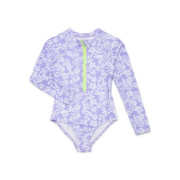 Wonder Nation Girls Zip Up Rash Guard One Piece Swimsuit with Long Sleeves, Sizes 4-16