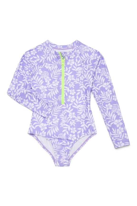 Girls Zip Up Rash Guard One Piece Swimsuit with Long Sleeves, Sizes 4-18