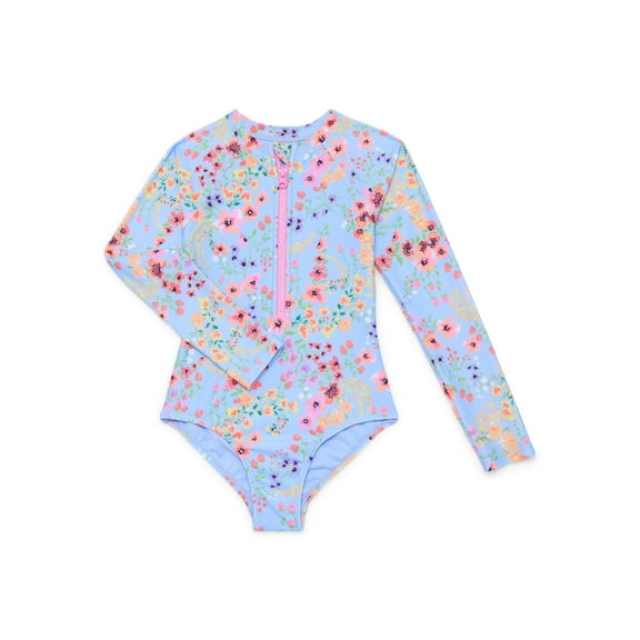 Wonder Nation Girls Zip Up Rash Guard One Piece Swimsuit with Long Sleeves, Sizes 4-18
