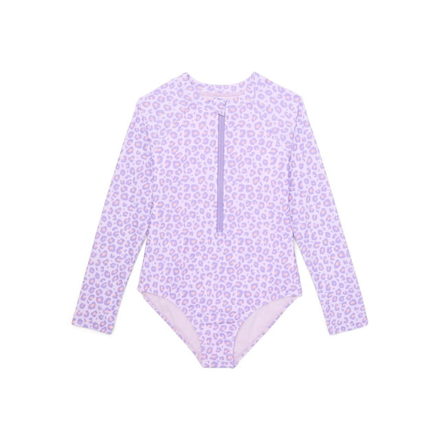 Wonder Nation Girls Long Sleeve Zip-Up Rash Guard One-Piece Swimsuit, Sizes 4-18 & Plus