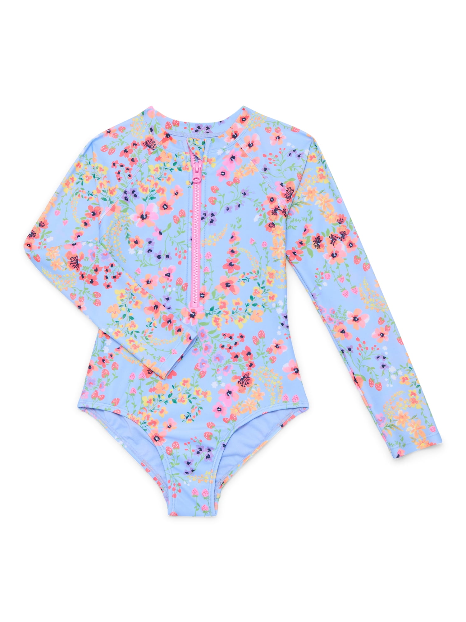Wonder Nation Girls Zip Up Rash Guard One Piece Swimsuit with Long Sleeves, Sizes 4-18