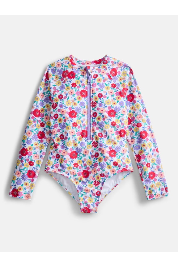 Girls Zip Up Rash Guard One Piece Swimsuit with Long Sleeves, Sizes 4-18