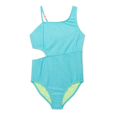 Wonder Nation Girls Lurex One Shoulder Cut Out One Piece Swimsuit with UPF 50+, Sizes 4-18 & Plus