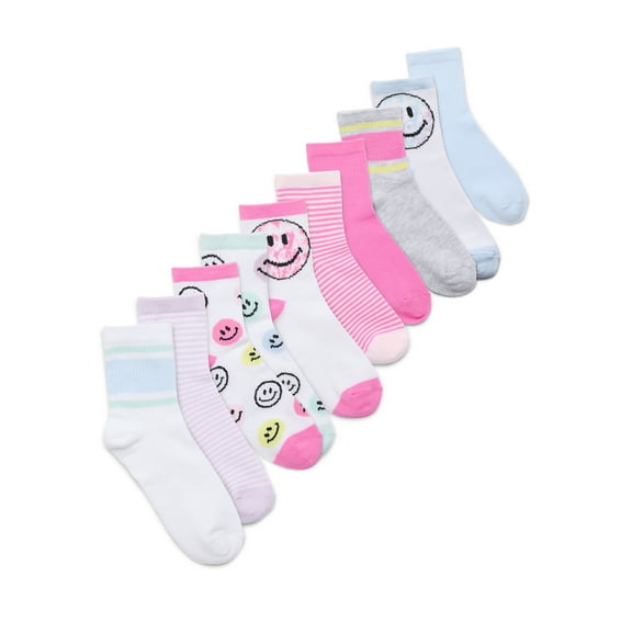 Wonder Nation Girls Mid-Crew Smiley Socks, 10-Pack, Sizes S-L