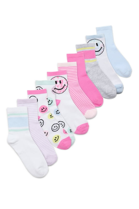 Girls Mid-Crew Smiley Socks, 10-Pack, Sizes S-L