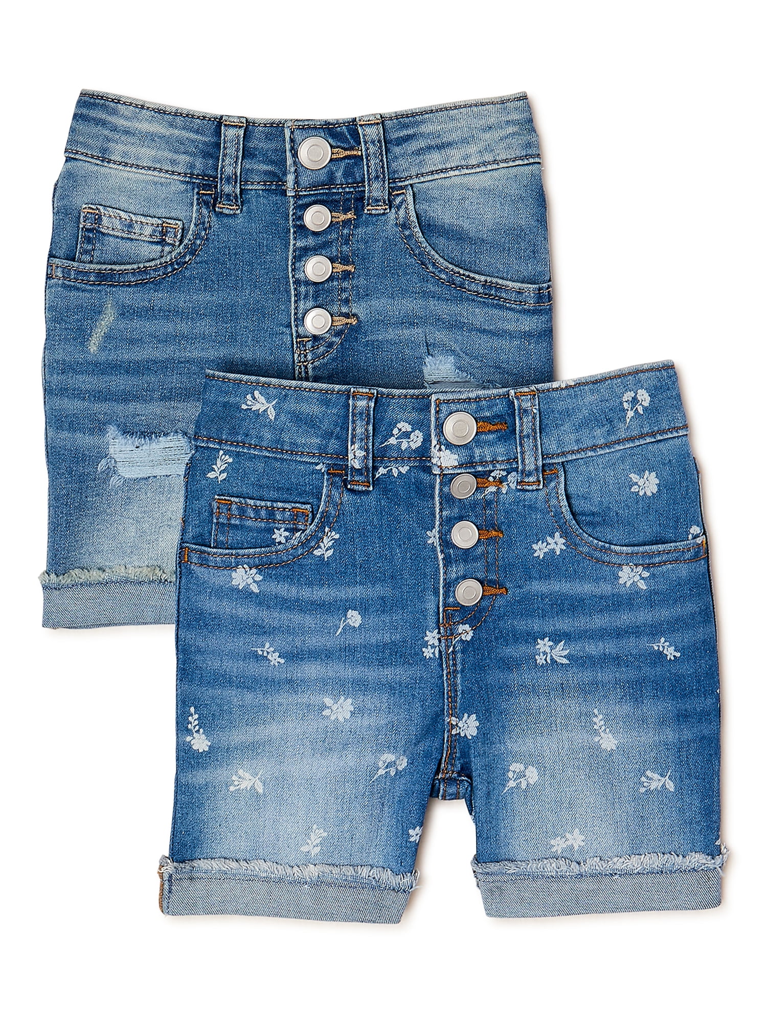Wonder Nation Girls Mid-Rise Roll Cuff Denim Midi Shorts with Exposed Buttons, 2-Pack, Sizes 5-18 & Plus