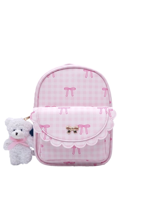 Girls Mini Backpack with Keychain, Pink Gingham and Bows