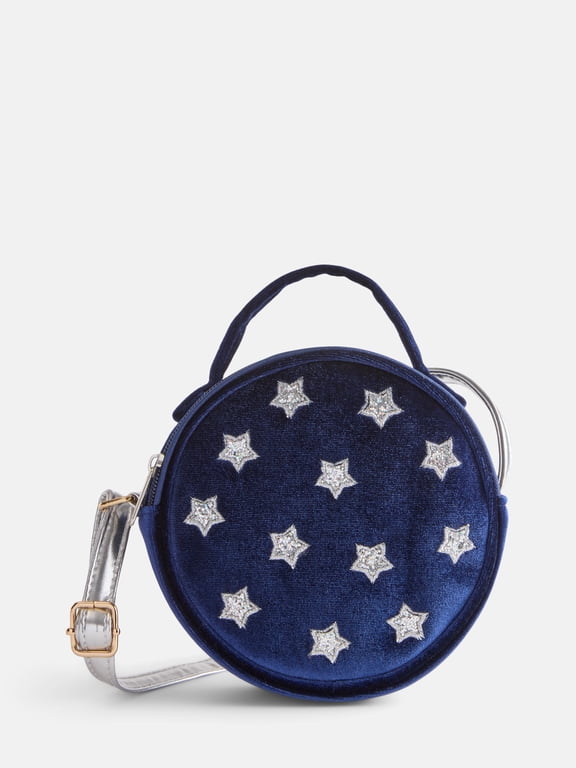 Girls Mini Round Velour Purse with Silver Stars, Navy