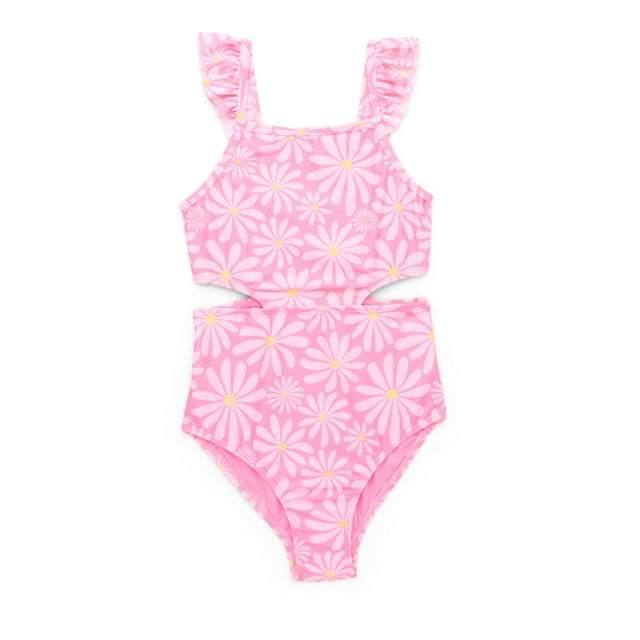 Wonder Nation Girls Monokini Swimsuit with Flutter Straps and UPF 50, 1-Piece, Sizes 4-18 & Plus