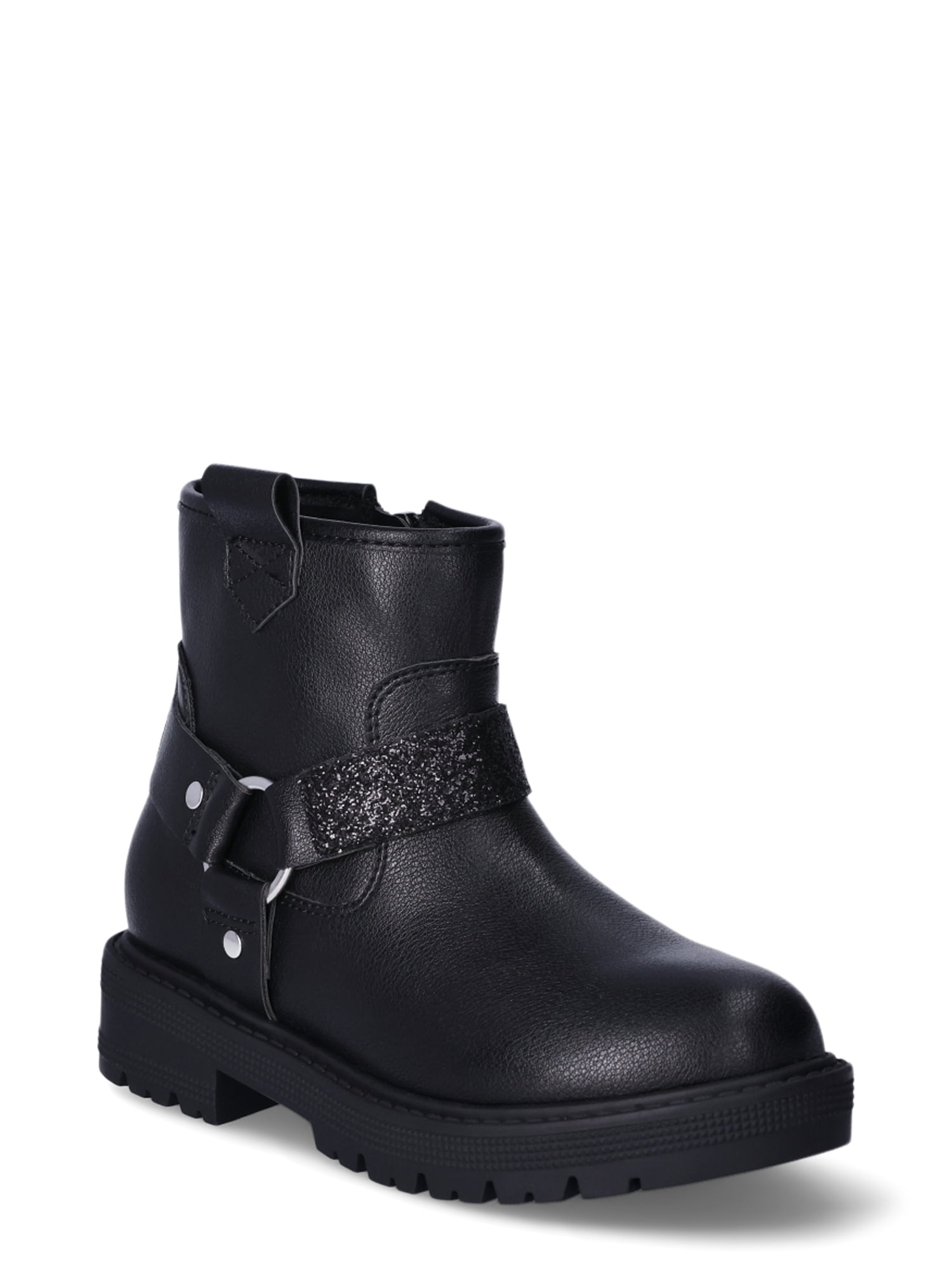 Wonder Nation Girls Moto Boot Black Synthetic Leather with Buckle