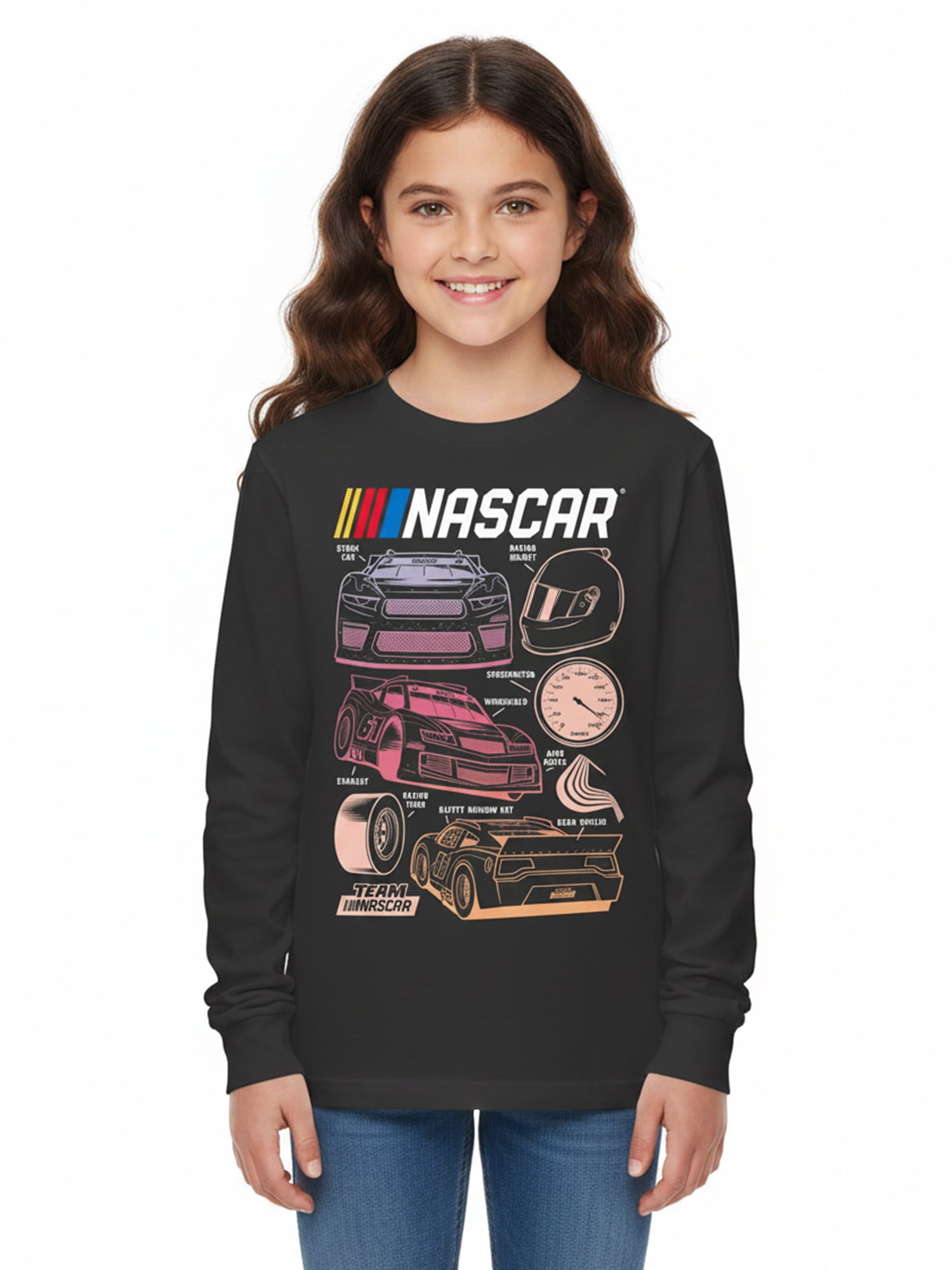 Wonder Nation Girls Graphic NASCAR Tee with Long Sleeves, Sizes 4–18