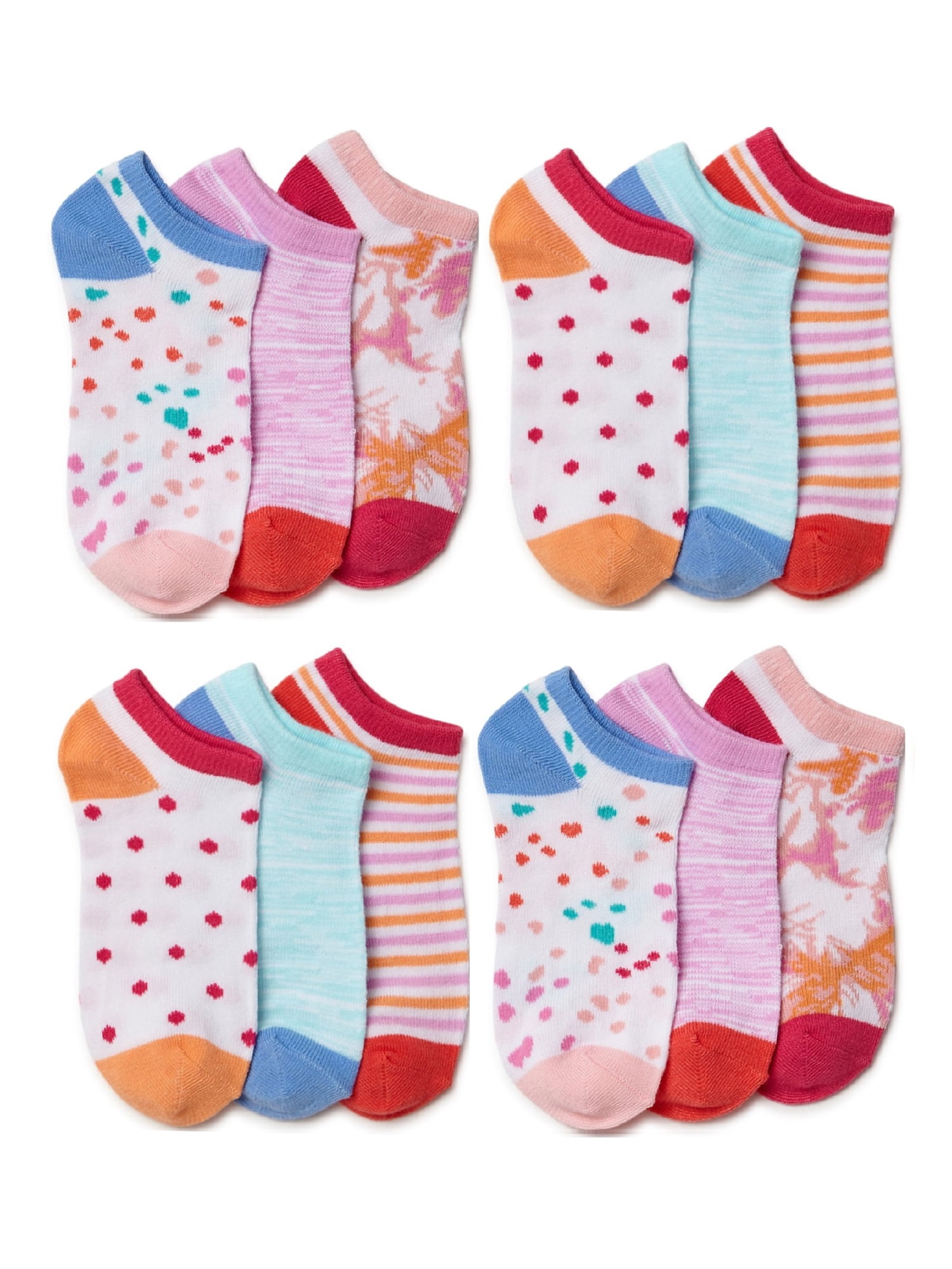Wonder Nation Girls No Show Socks, 12-Pack, Sizes S-L