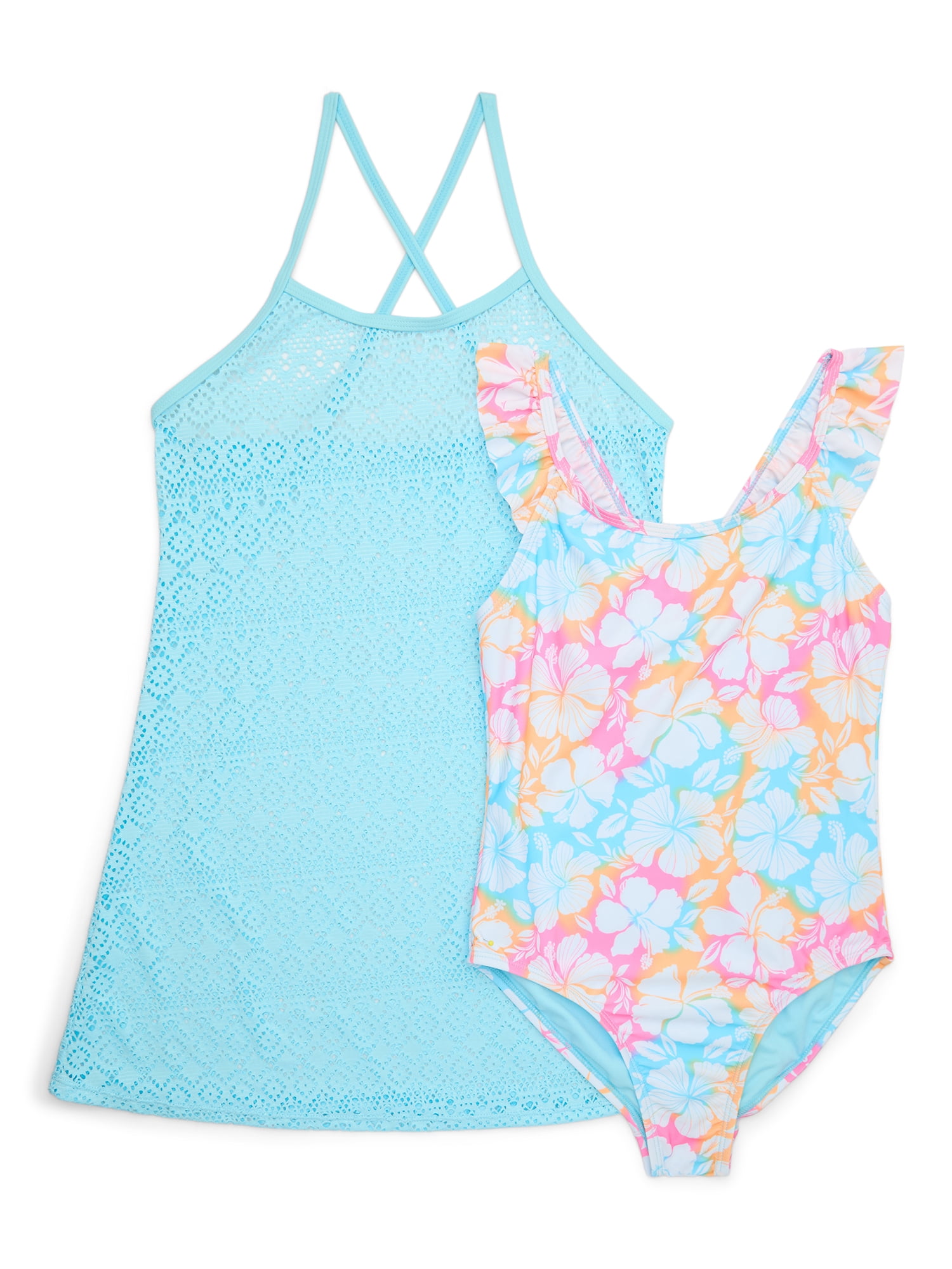 Wonder Nation Girls One-Piece Swimsuit and Cover Up Dress, 2-Piece, Sizes 4-18