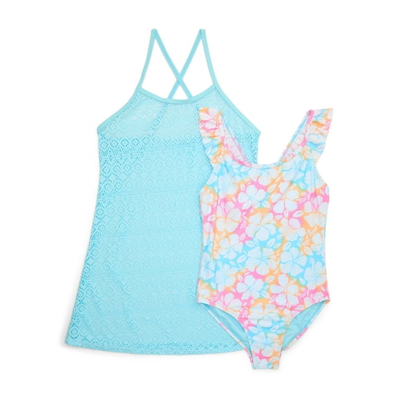 Wonder Nation Girls One-Piece Swimsuit and Cover Up Dress, 2-Piece, Sizes 4-18