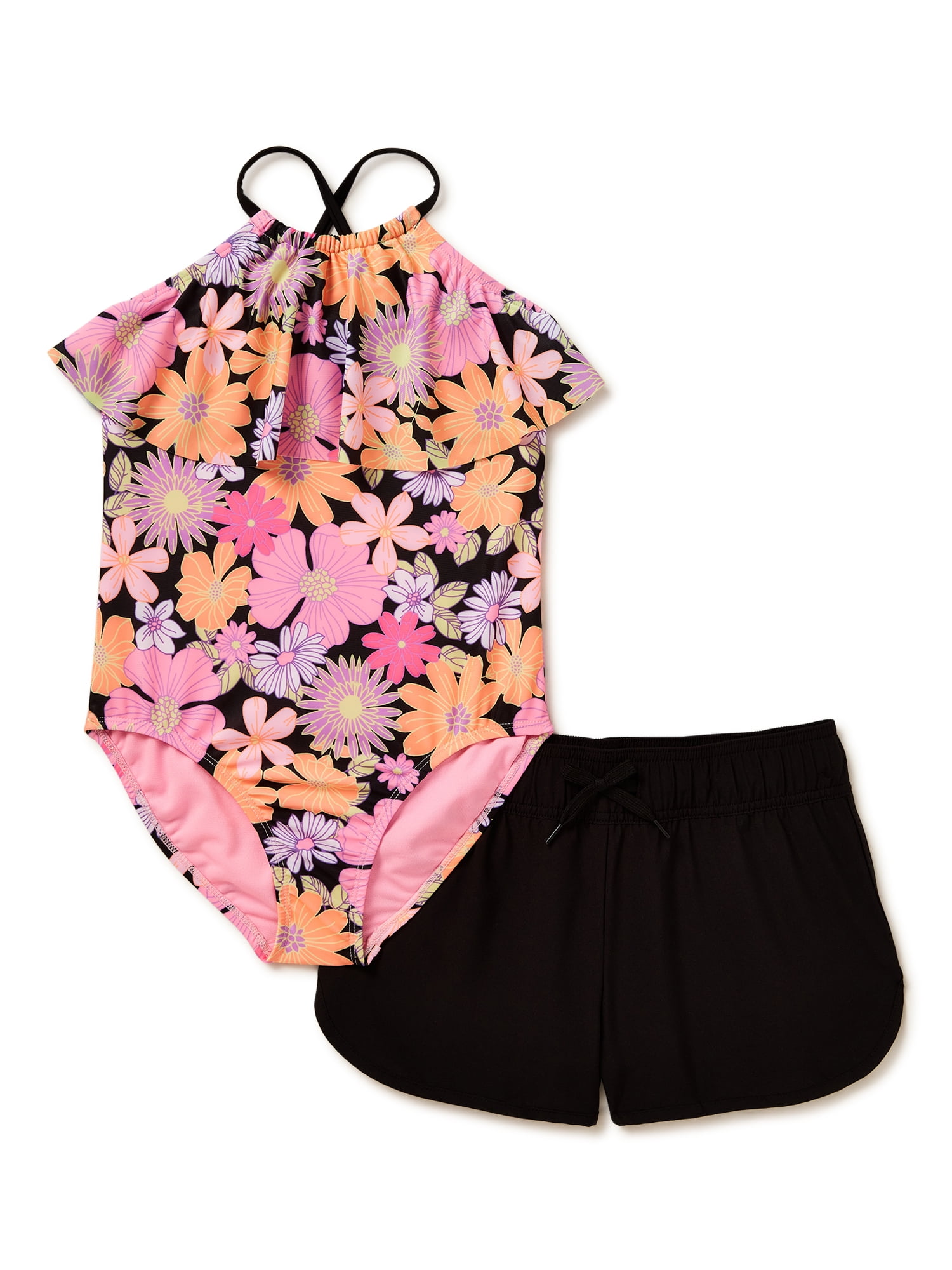 Wonder Nation Girls Swimsuit and Shorts Set, UPF 50+ Sun