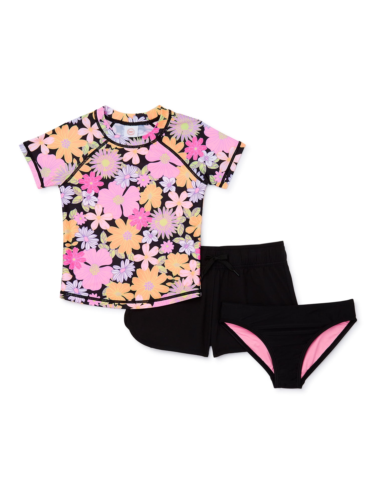 Wonder Nation Girls OnePiece Swimsuit and Shorts Set, UPF 50+, 2 Piece