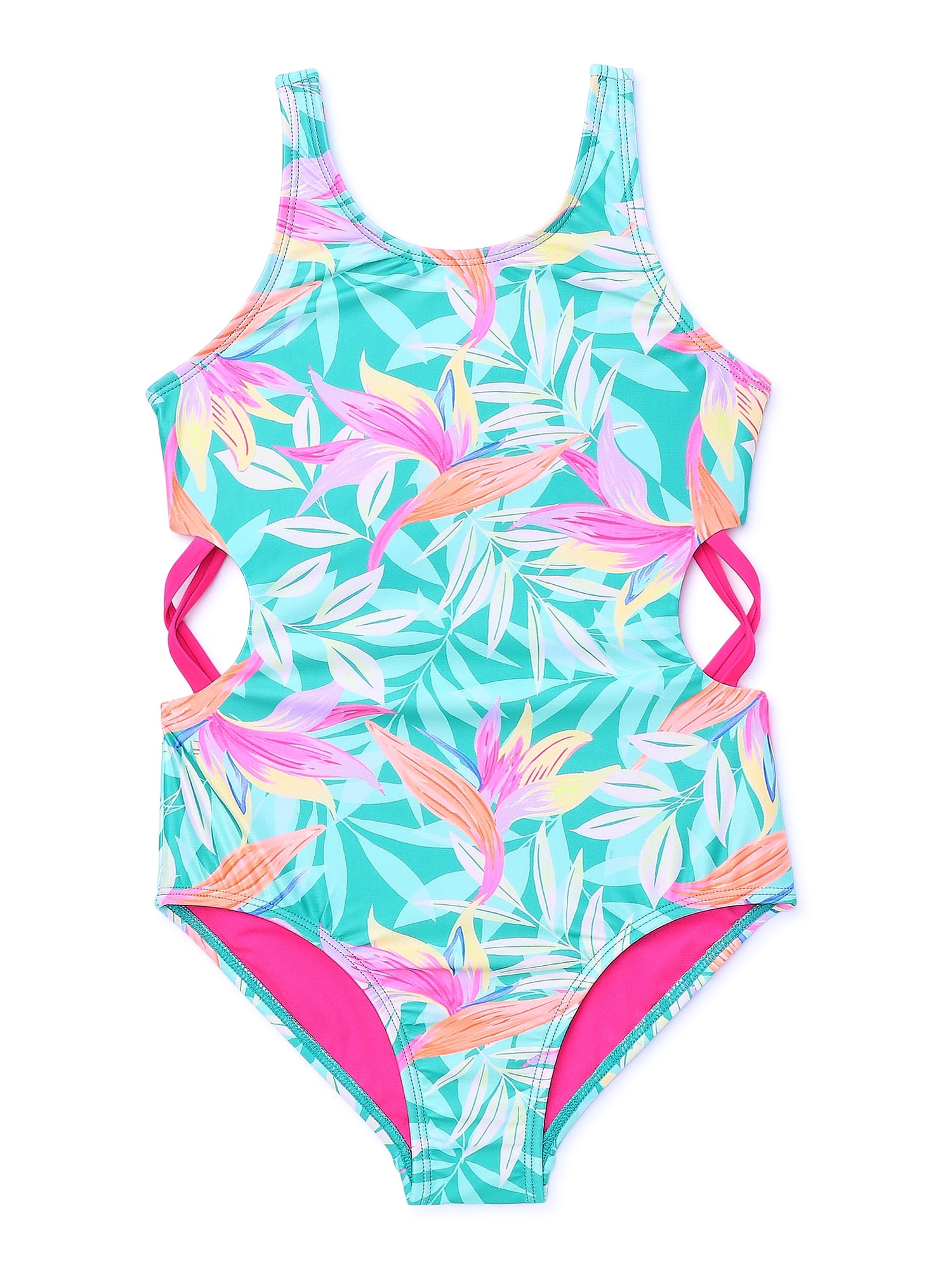 Wonder Nation Girls One-Piece Tropical Swimsuit with Cutouts and UPF 50 ...
