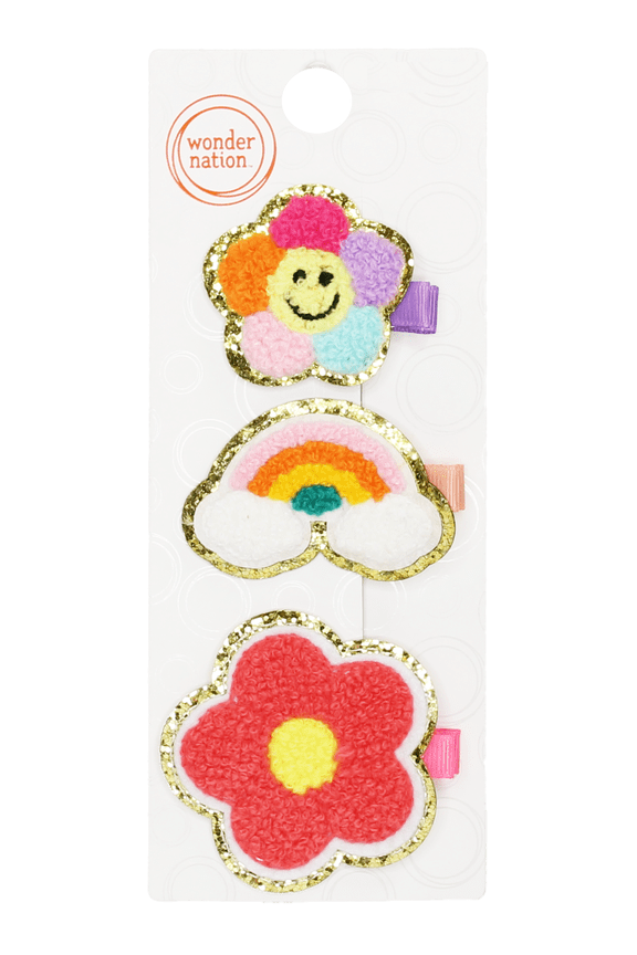 Girls Patch Hair Clips, 3-Piece, Multi
