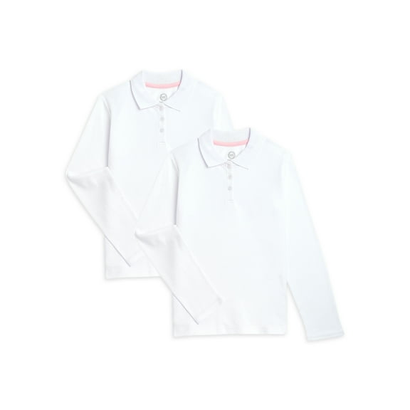 Wonder Nation Girls School Uniform Long Sleeve Interlock Polo Shirt, 2-Pack, Sizes 4-18 & 10-16 Plus