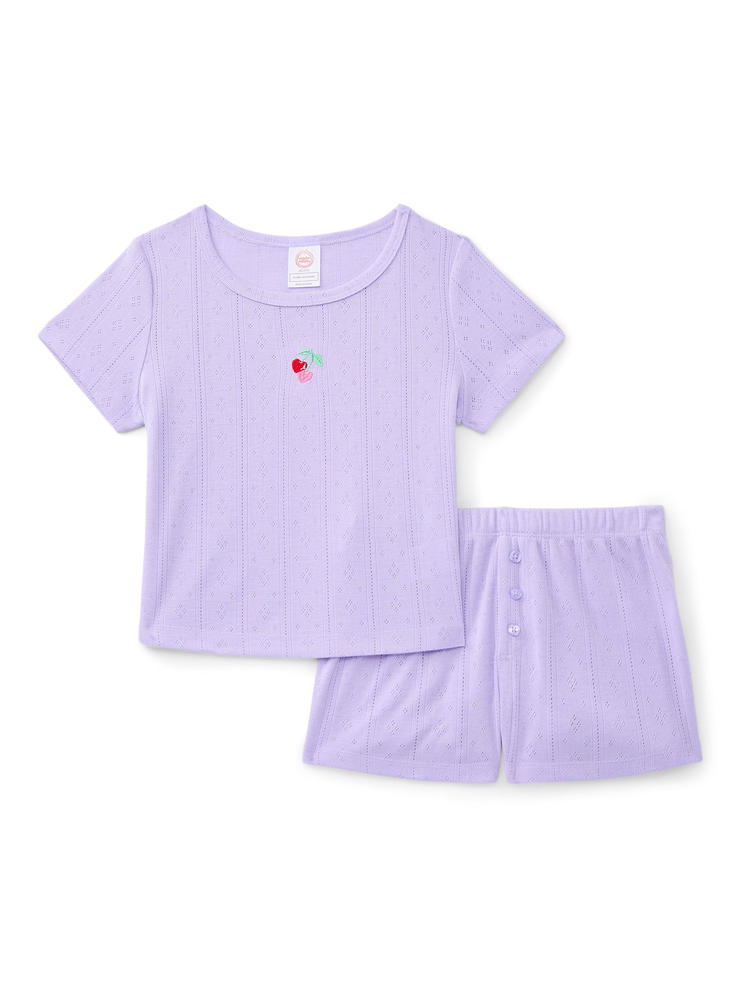 Wonder Nation Girls Pointelle Short Sleeve Top and Shorts Pajama Set, 2-Piece, Sizes 4-18