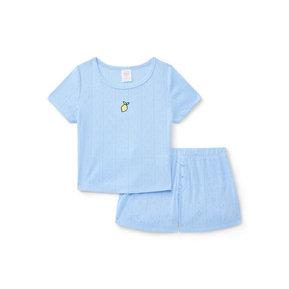 Wonder Nation Girls Pointelle Short Sleeve Top and Shorts Pajama Set, 2-Piece, Sizes 4-18